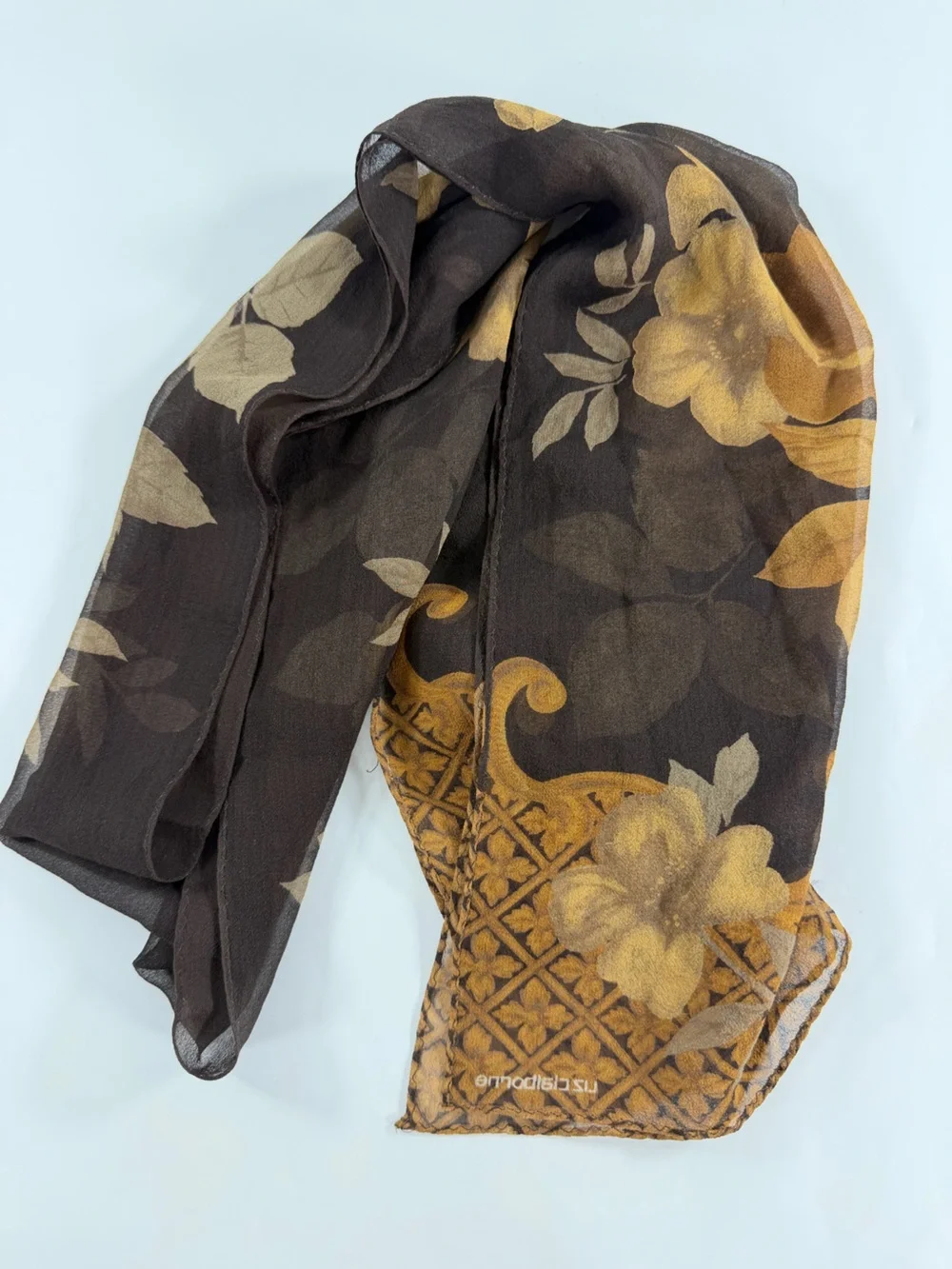 Liz Claiborne Floral Chiffon Scarf Brown Gold Sheer Rose Print 54x12